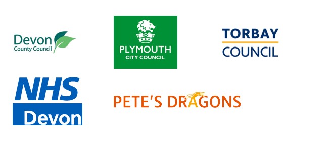 Logos for Devon County Council, Plymouth City Council, Torbay Council, Devon Integrated Care Board and Pete's Dragons