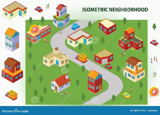 Isometric neighbourhood - different homes along a curved road.