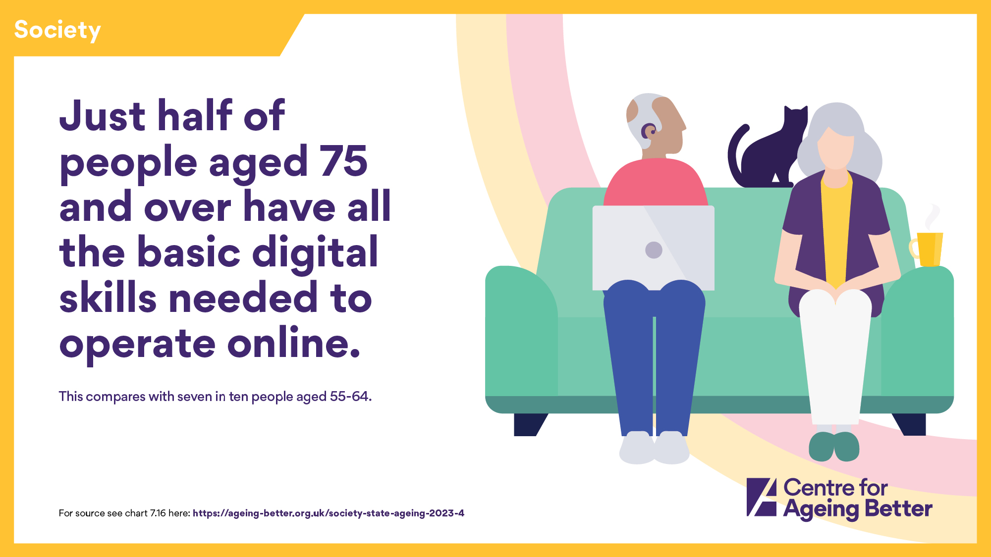 Centre for Ageing Better infographic - Just half of people aged 75 and over have all the basic digital skills needed to operate online.
