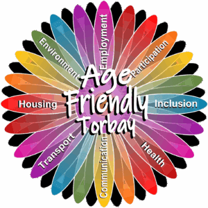 Age Friendly Torbay logo - employment, participation, inclusion, health, communication, transport, housing and environment petals of a flower.