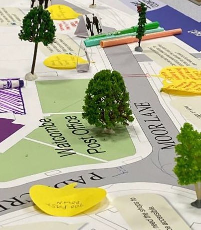 3D map in a large size with trees and post it notes.