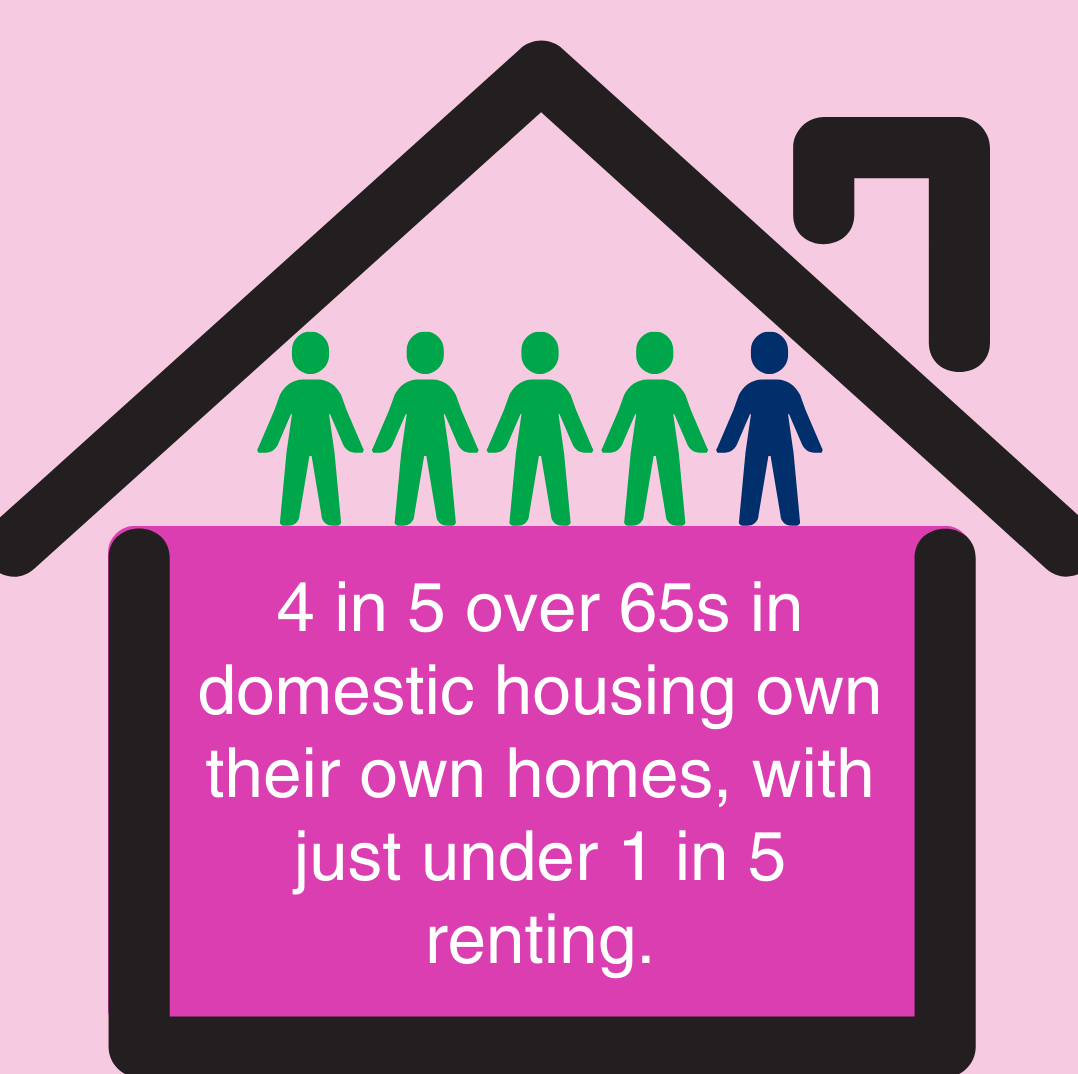 4 in 5 over 65 year olds in domestic housing own their own home, with just over 1 in 5 renting.