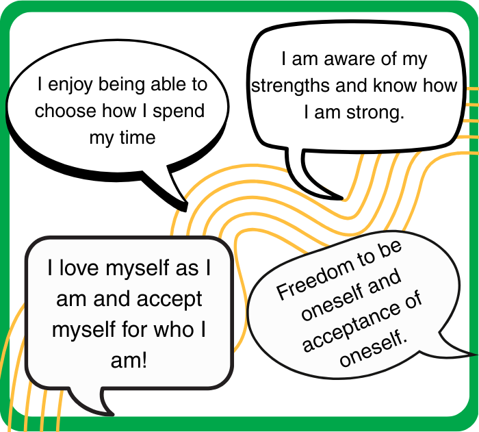 Quotes: I enjoy being able to choose how I spend my time.  I am aware of my strengths and know how I am strong.  I love myself as I am and accept myself for who I am!  Freedom to be oneself and acceptance of onself.
